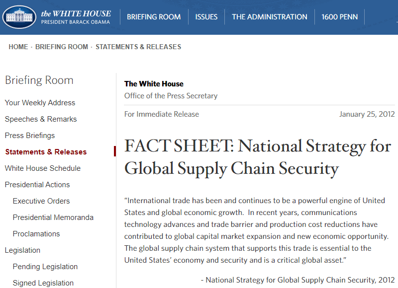 the White House 2012 FACT SHEET National Strategy for Global Supply Chain Security